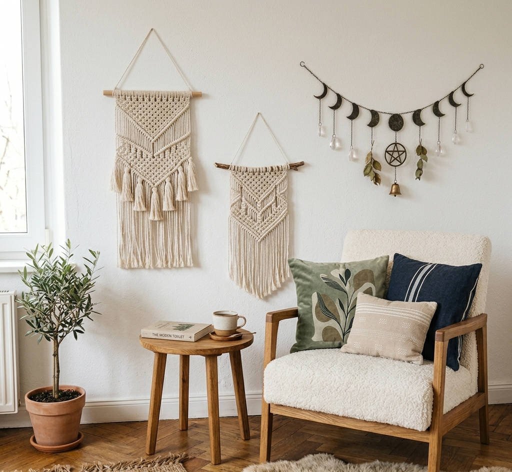 Mélange de décoration d'intérieur soignée avec des créations artisanales aux murs. Matières naturelles et tons profonds. Harmonie intérieure. 