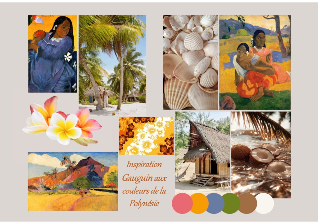 planche d'inspiration pour une fête sur le thème de Gauguin, du charme et de la couleur...