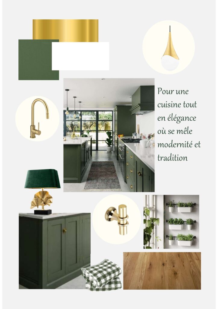 Planche d'ambiance du dernier numéro d'Équilibre d'Intérieur Magazine - Une cuisine élégante de vert vêtue.