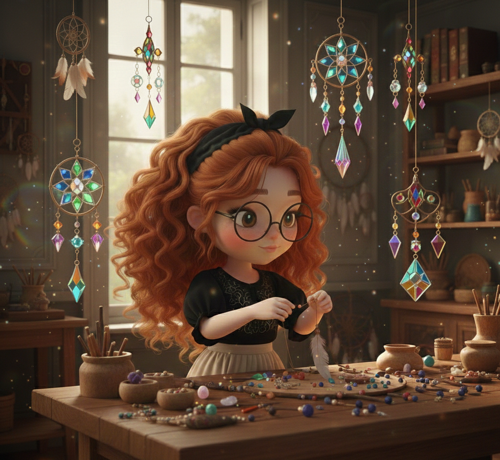 Atelier de créations artisanales, attrapes-lumière et suspensions.