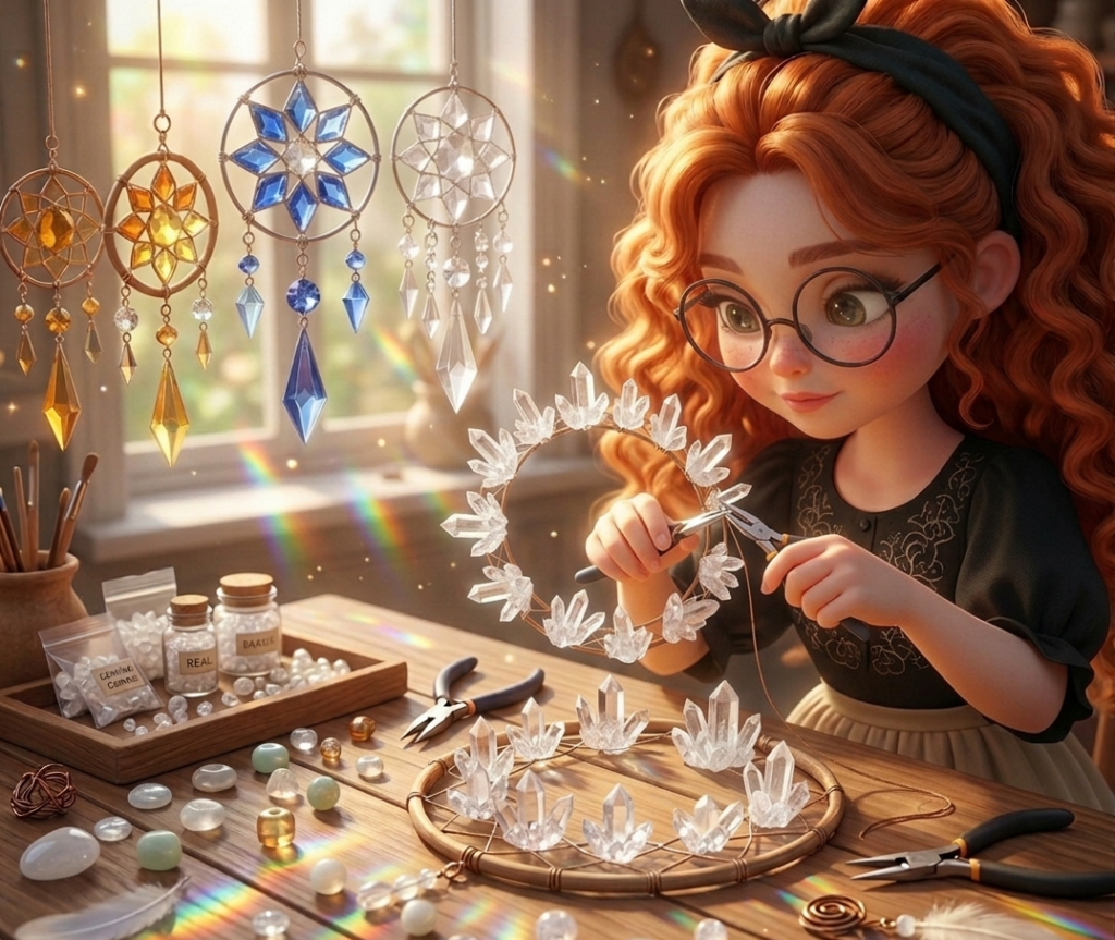 Création d'attrapes-lumière artisanaux à l'atelier avec des cristaux. 