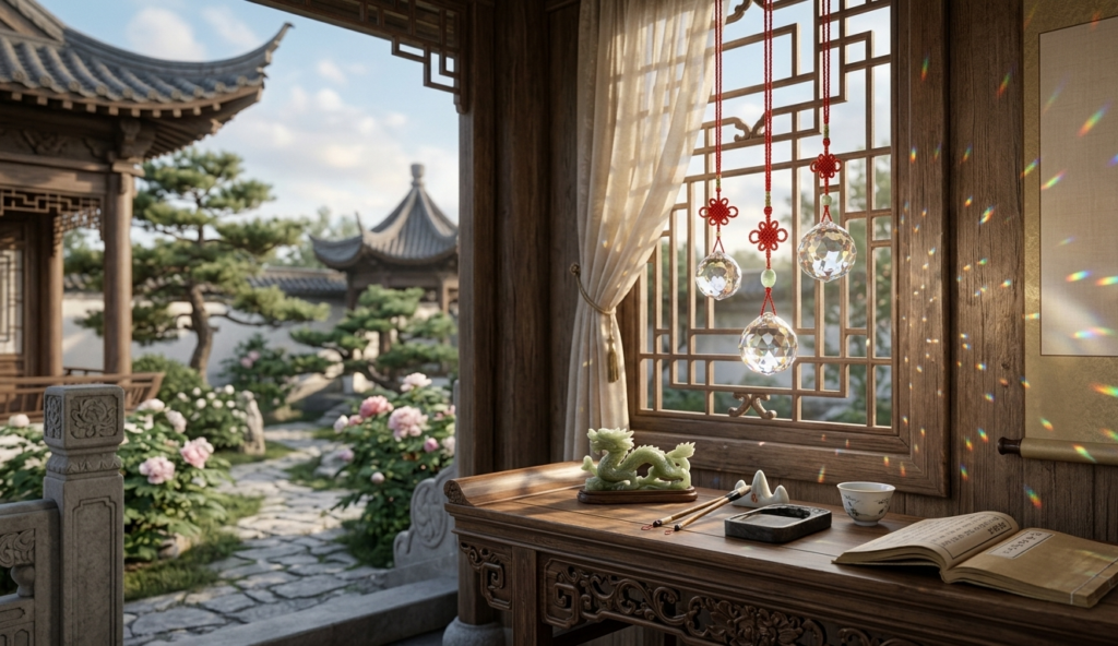 Les attrapes lumière dans la Chine ancienne et encore aujourd'hui sont des cristaux facettés sur cordon noués rouges.