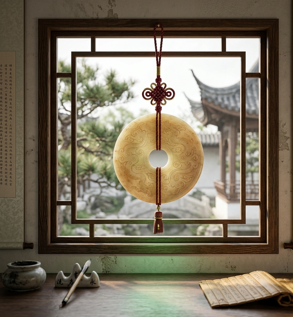 Suspension disque de jade pour filtrer la lumière et apporter la protection.